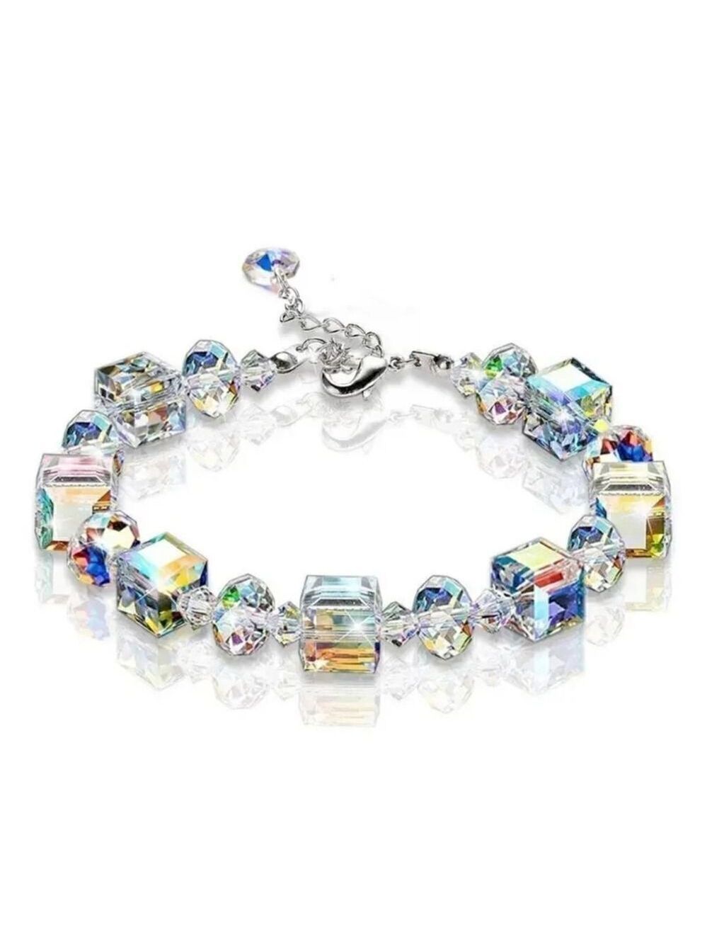 Bracelet with lab Crystals White Silver Plated Chain